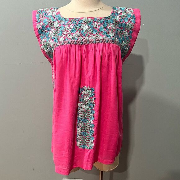 J. Marie Pink Embroidered Linen Hannah Top Size Medium - Picture 2 of 10